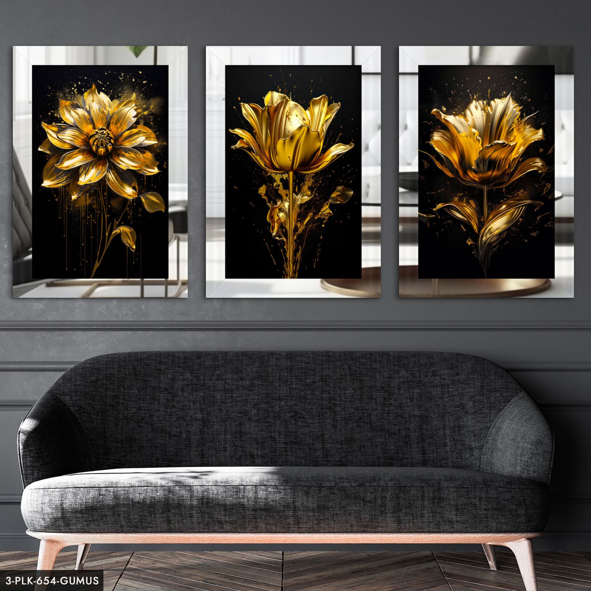 Gold Çiçekler Siyah Üzerine 3 Parça Pleksi Aynalı Tablo 30 x 40 CM - Gümüş