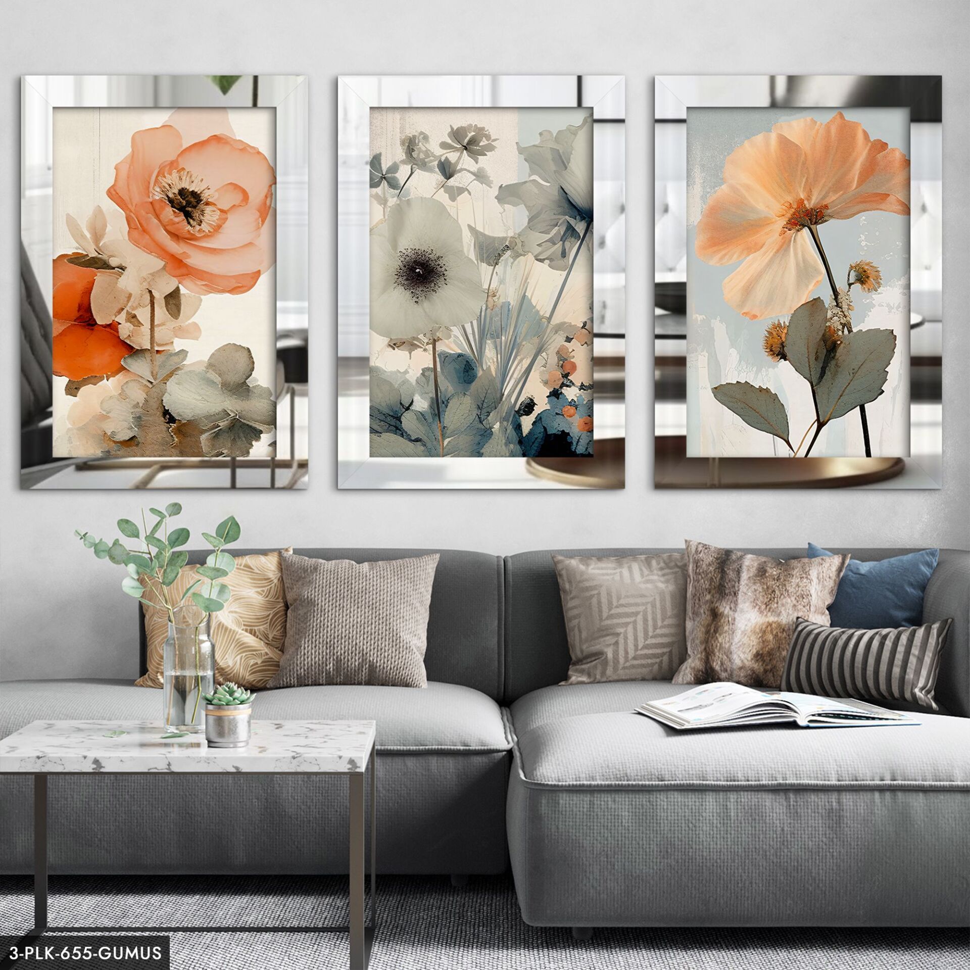 Renkli Çiçekler 3 Parça Pleksi Aynalı Tablo 30 x 40 CM - Gümüş
