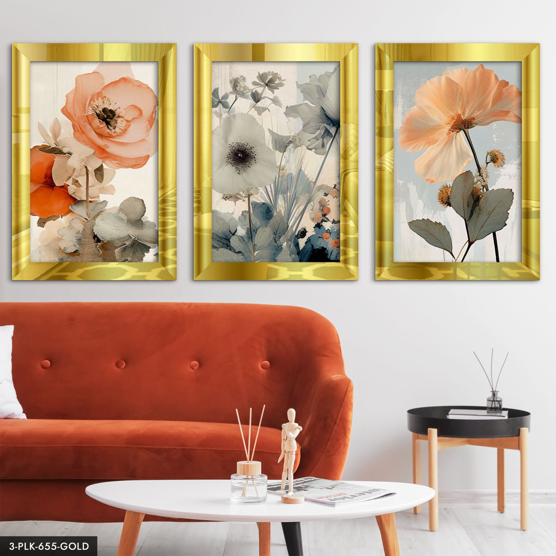 Renkli Çiçekler 3 Parça Pleksi Aynalı Tablo 30 x 40 CM - Gold