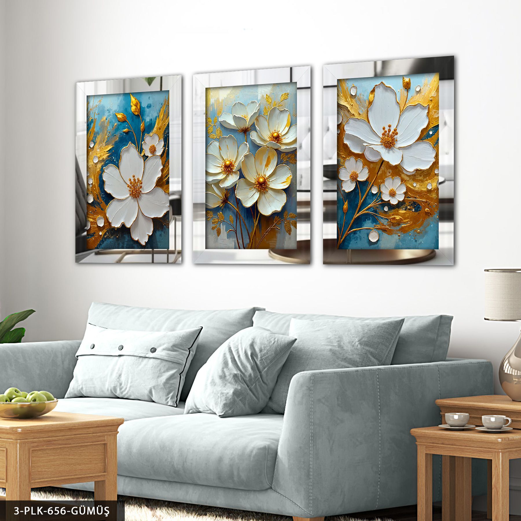 Beyaz Çiçek Mavi Arkaplan 3 Parça Pleksi Aynalı Tablo 30 x 40 CM - Gümüş