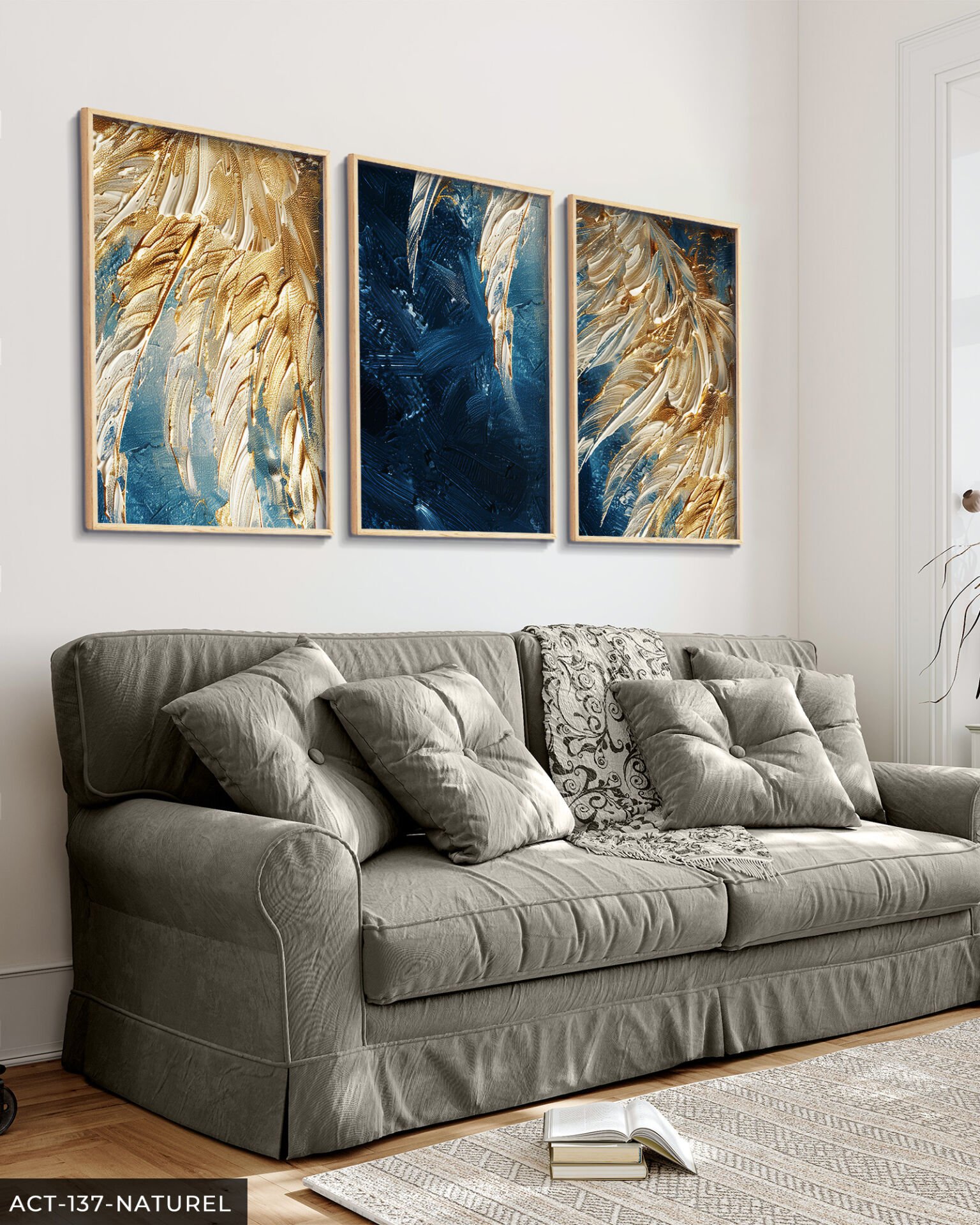 Gold Detaylı Kabartma 3 Parça Ahşap Çerçeveli Tablo ACT Naturel - 50 x 70 CM