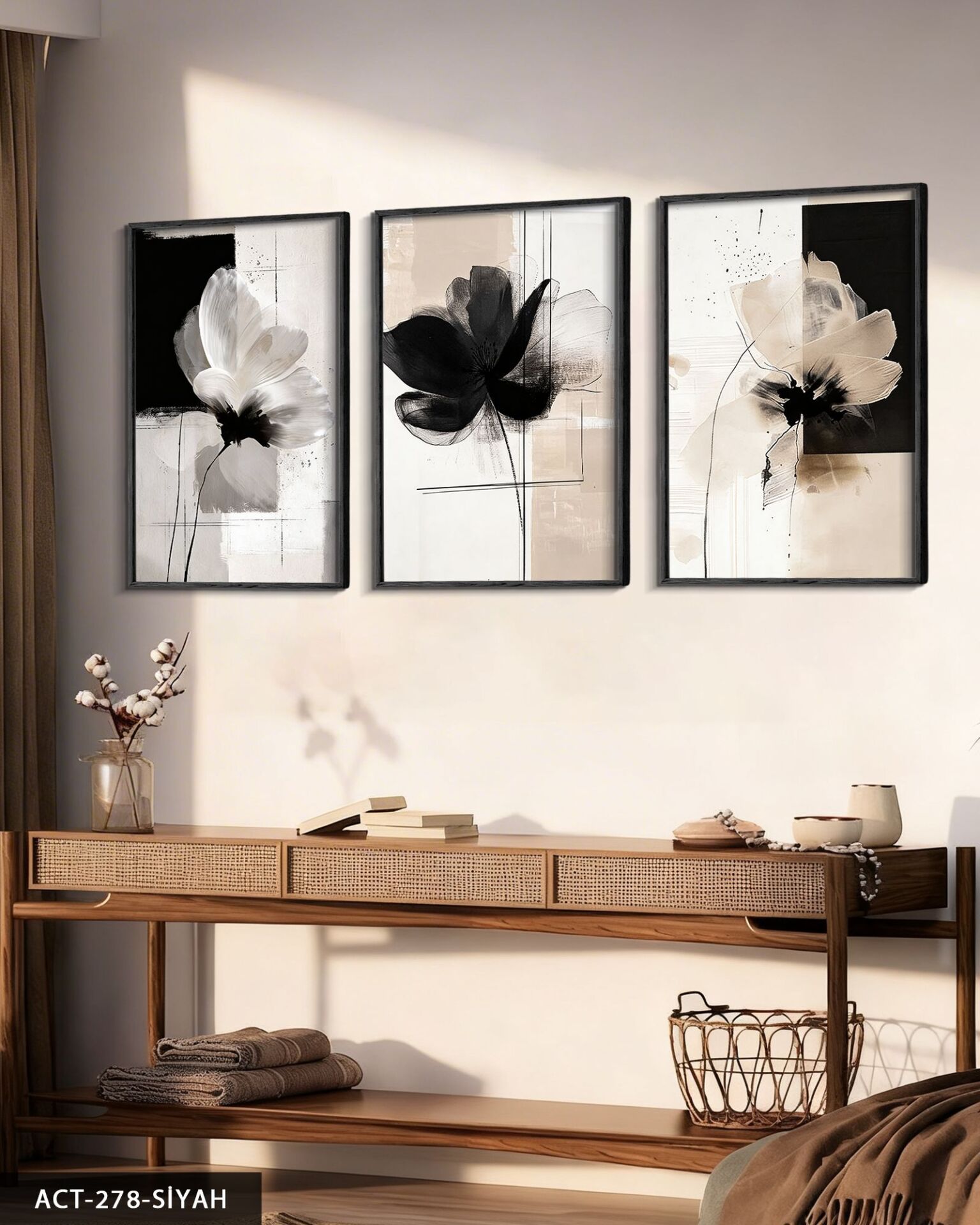 Boho Tarzı Çiçek 3 Parça Ahşap Çerçeveli Tablo ACT Siyah - 50 x 70 CM