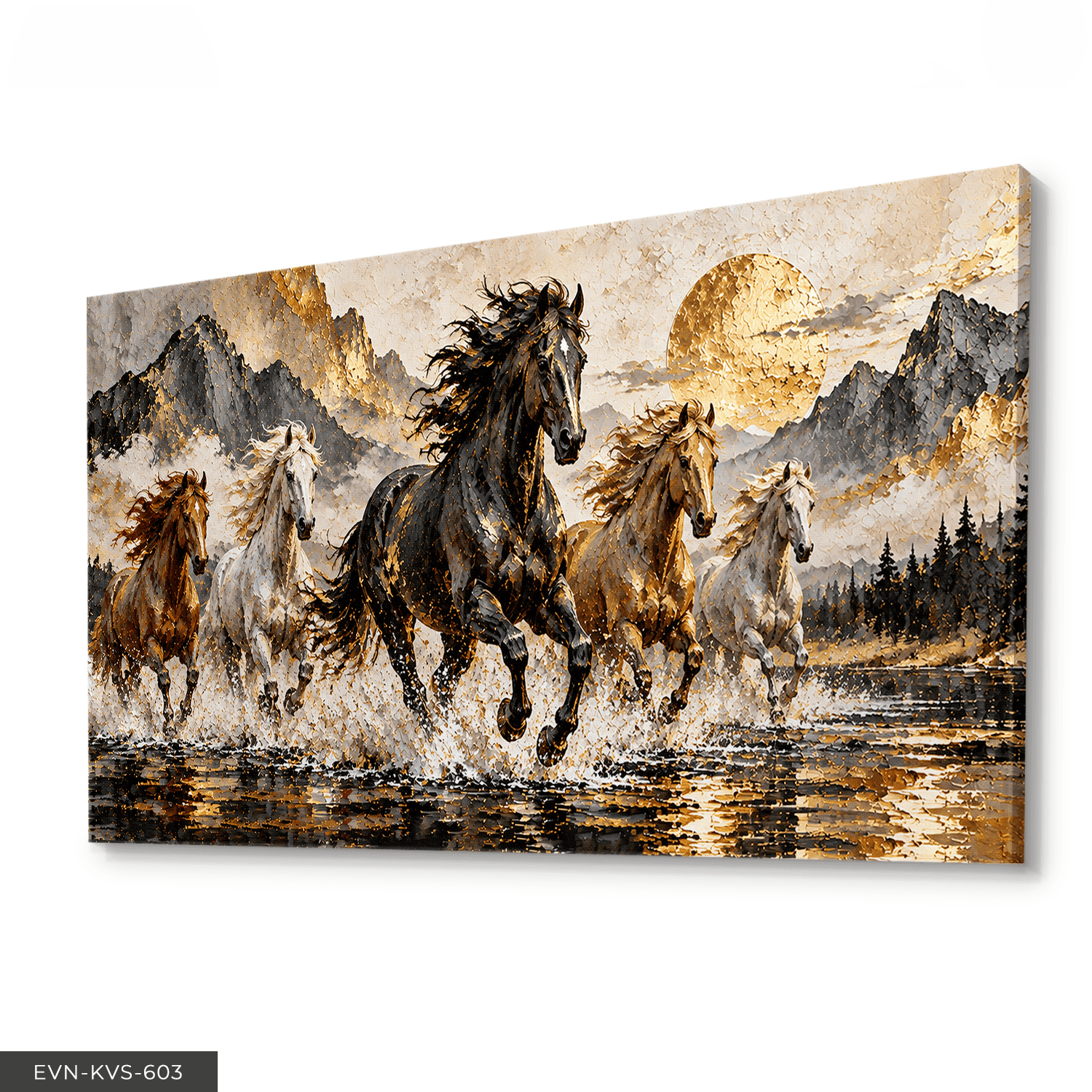 Gold Işıltılı Atlar Tek Parça Kanvas - Canvas Tablo