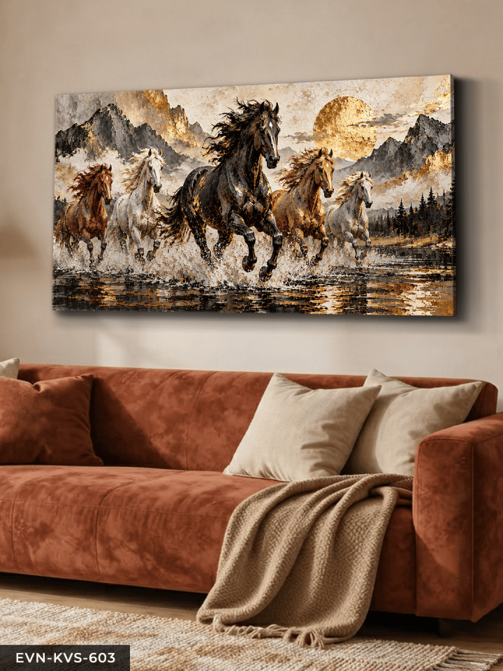 Gold Işıltılı Atlar Tek Parça Kanvas - Canvas Tablo