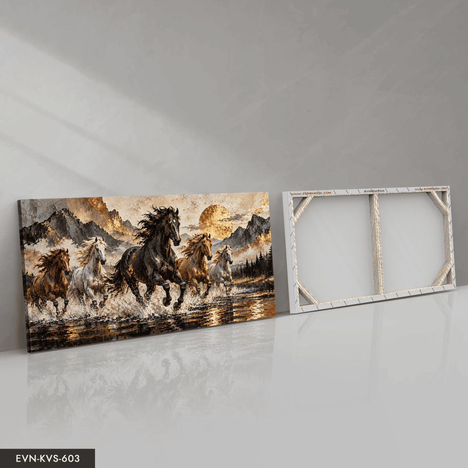 Gold Işıltılı Atlar Tek Parça Kanvas - Canvas Tablo