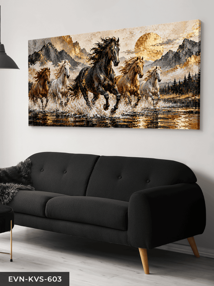Gold Işıltılı Atlar Tek Parça Kanvas - Canvas Tablo