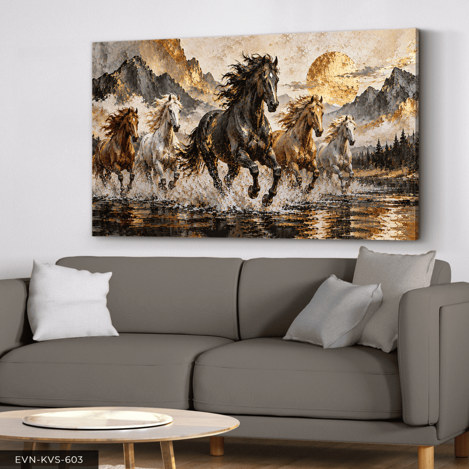 Gold Işıltılı Atlar Tek Parça Kanvas - Canvas Tablo