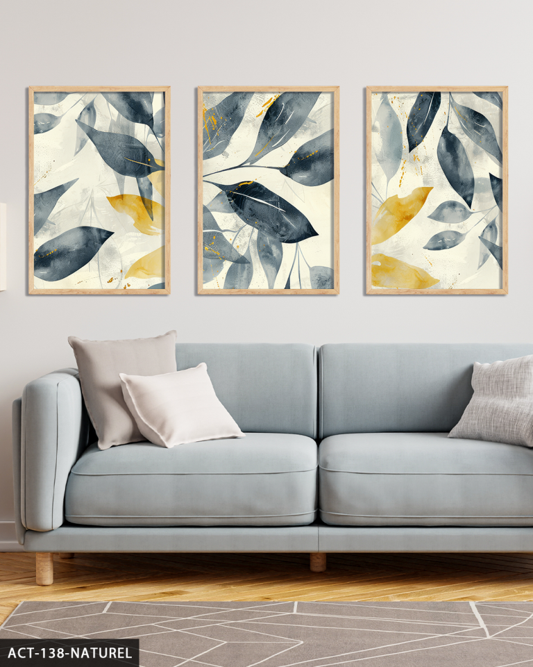 Boho Tarzı Lacivert ve Gold Yapraklar 3 Parça Ahşap Çerçeveli Tablo ACT Naturel - 50 x 70 CM
