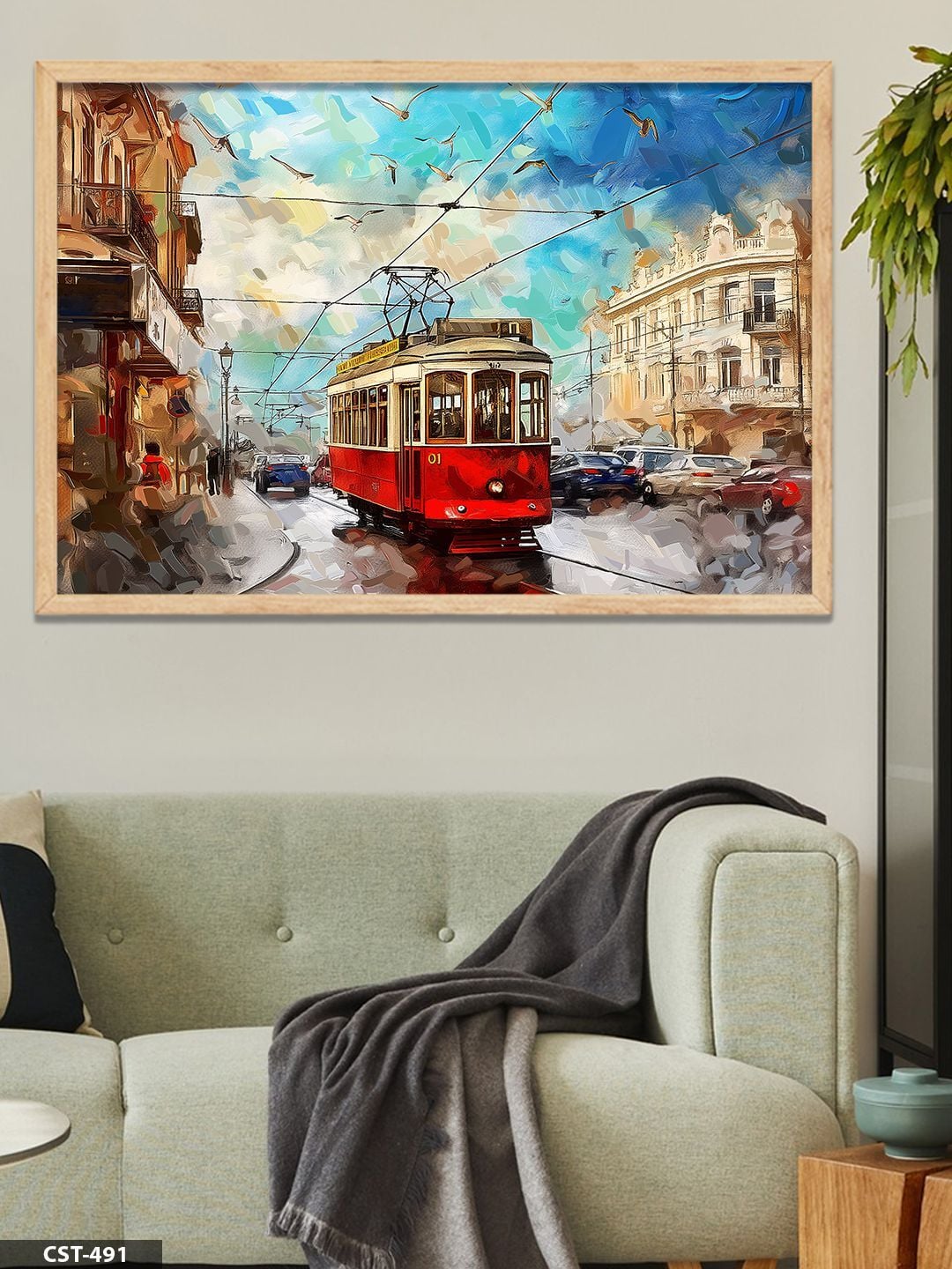 Kırmızı Tramvay Tek Parça Ahşap Çerçeveli Tablo