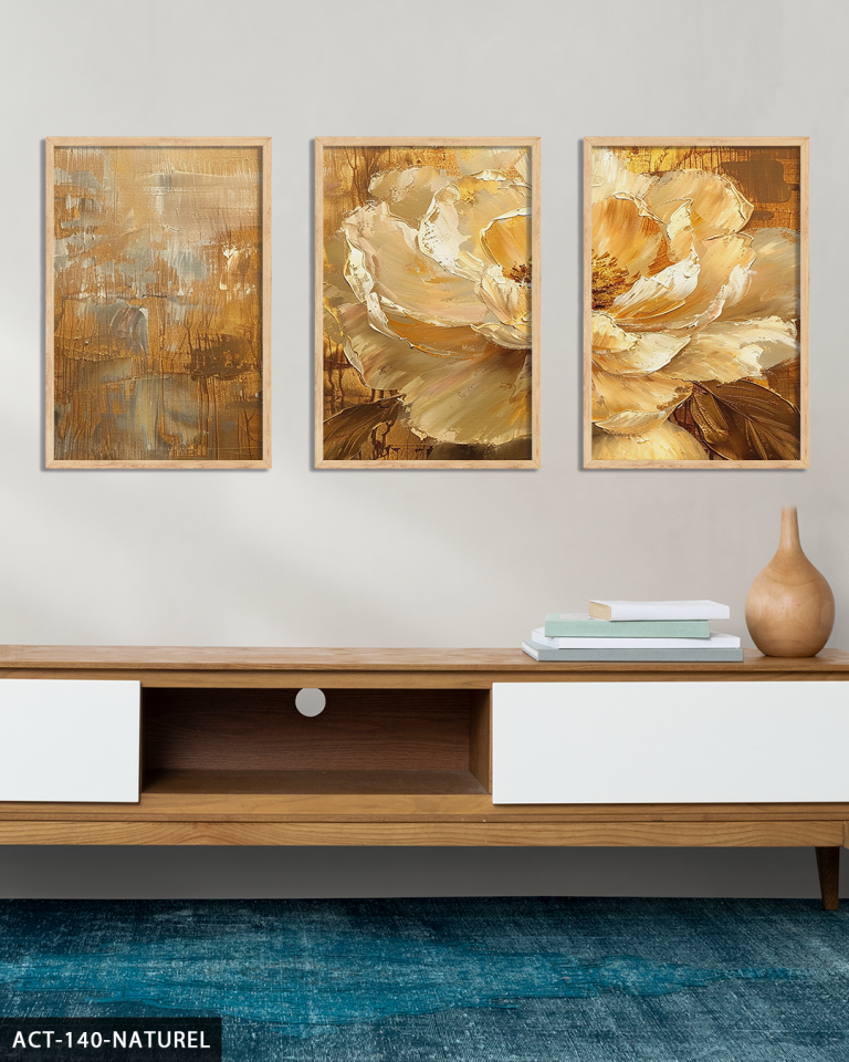 Gold Çiçek ve Yapraklar 3 Parça Ahşap Çerçeveli Tablo ACT Naturel - 50 x 70 CM