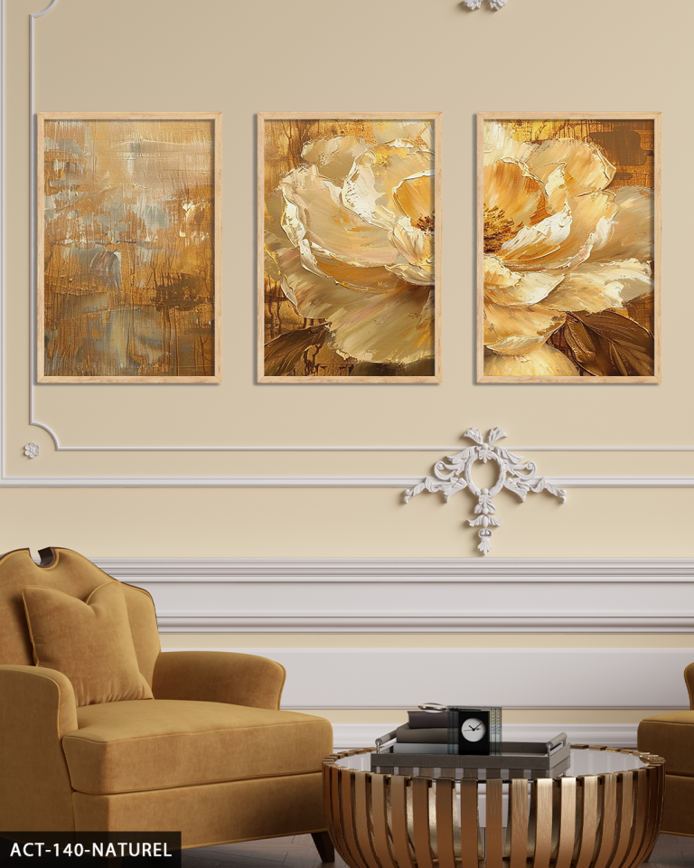 Gold Çiçek ve Yapraklar 3 Parça Ahşap Çerçeveli Tablo ACT Naturel - 50 x 70 CM