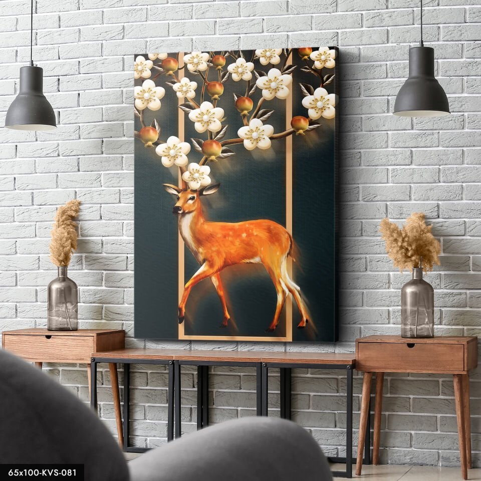 Çiçek Boynuzlu Geyik Kanvas - Canvas Tablo 40 x 30 CM - Çok Renkli