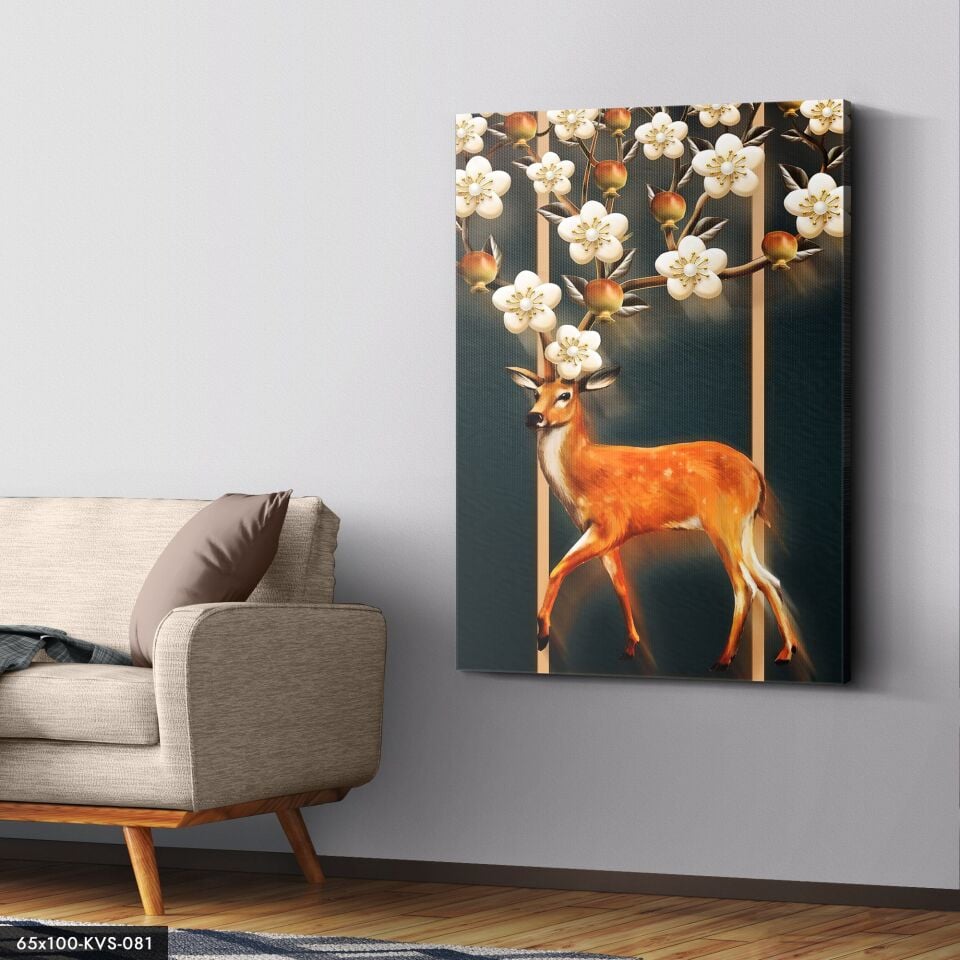 Çiçek Boynuzlu Geyik Kanvas - Canvas Tablo 40 x 30 CM - Çok Renkli