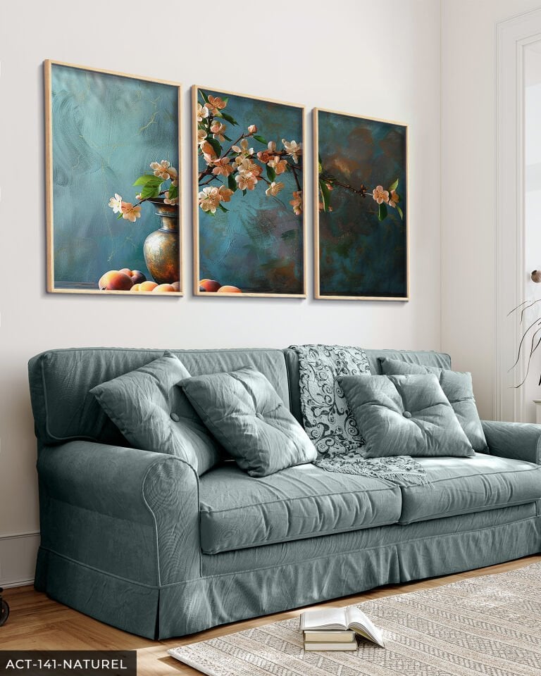 Yağlı Boya Görünümlü Kiraz Çiçekleri 3 Parça Ahşap Çerçeveli Tablo ACT Naturel - 50 x 70 CM