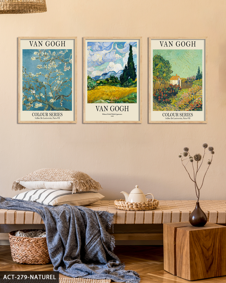 Vincent Van Gogh Temalı 3 Parça Ahşap Çerçeveli Tablo ACT Naturel - 40 x 60 CM
