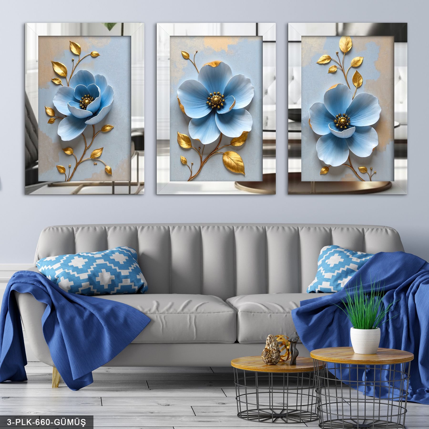 Mavi Çiçek Gold Yapraklı 3 Parça Pleksi Aynalı Tablo 30 x 40 CM - Gümüş