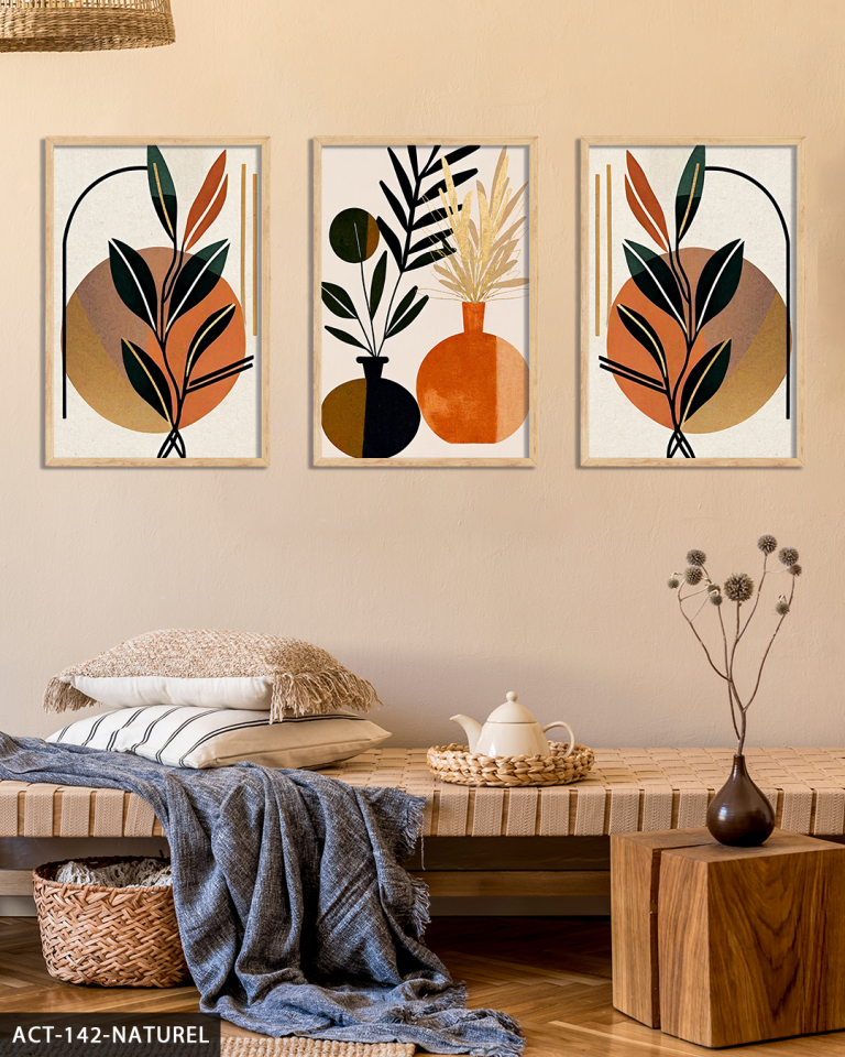 Boho Tarzında Vazoda Yapraklar 3 Parça Ahşap Çerçeveli Tablo ACT Naturel - 50 x 70 CM