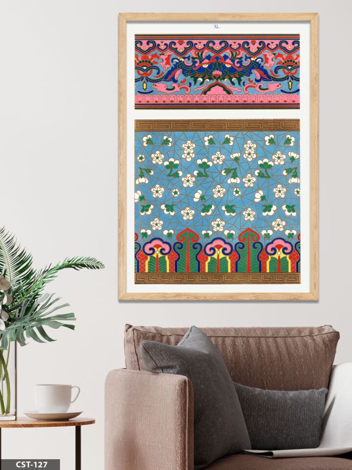 Renkli Geometrik Desen Tek Parça Ahşap Çerçeveli Tablo Naturel - 50 x 70 CM