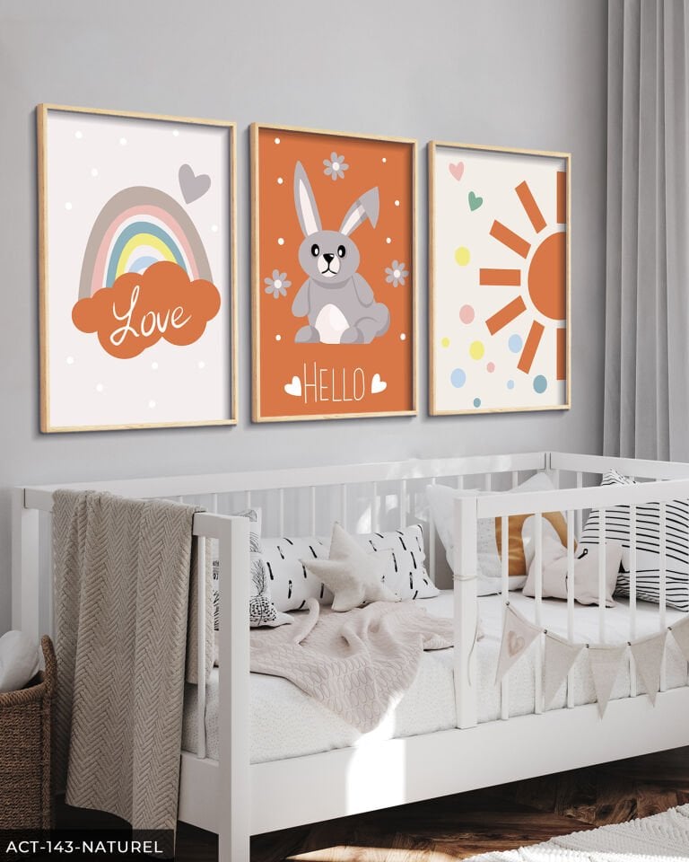 Hayvan Temalı Çocuk Odası 3 Parça Ahşap Çerçeveli Tablo ACT Naturel - 50 x 70 CM