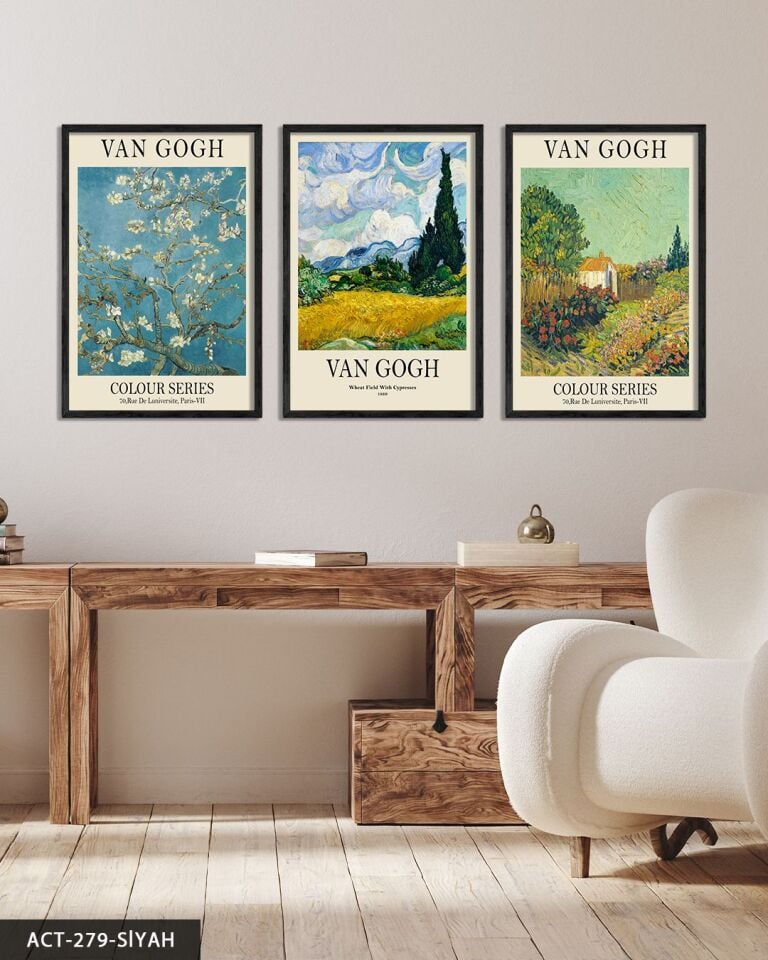 Vincent Van Gogh Temalı 3 Parça Ahşap Çerçeveli Tablo ACT Siyah - 20 x 30 CM