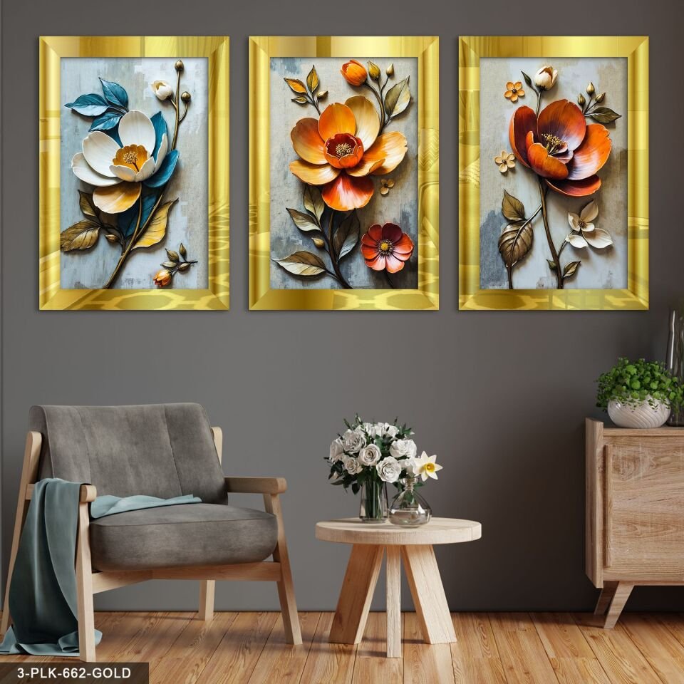 Renkli Çiçekler 3 Parça Pleksi Aynalı Tablo 30 x 40 CM - Gold