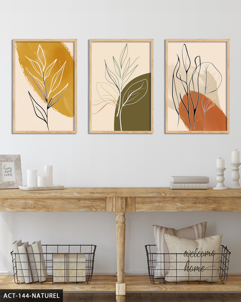 Minimalist Botanik Sanat 3 Parça Ahşap Çerçeveli Tablo ACT Naturel - 50 x 70 CM
