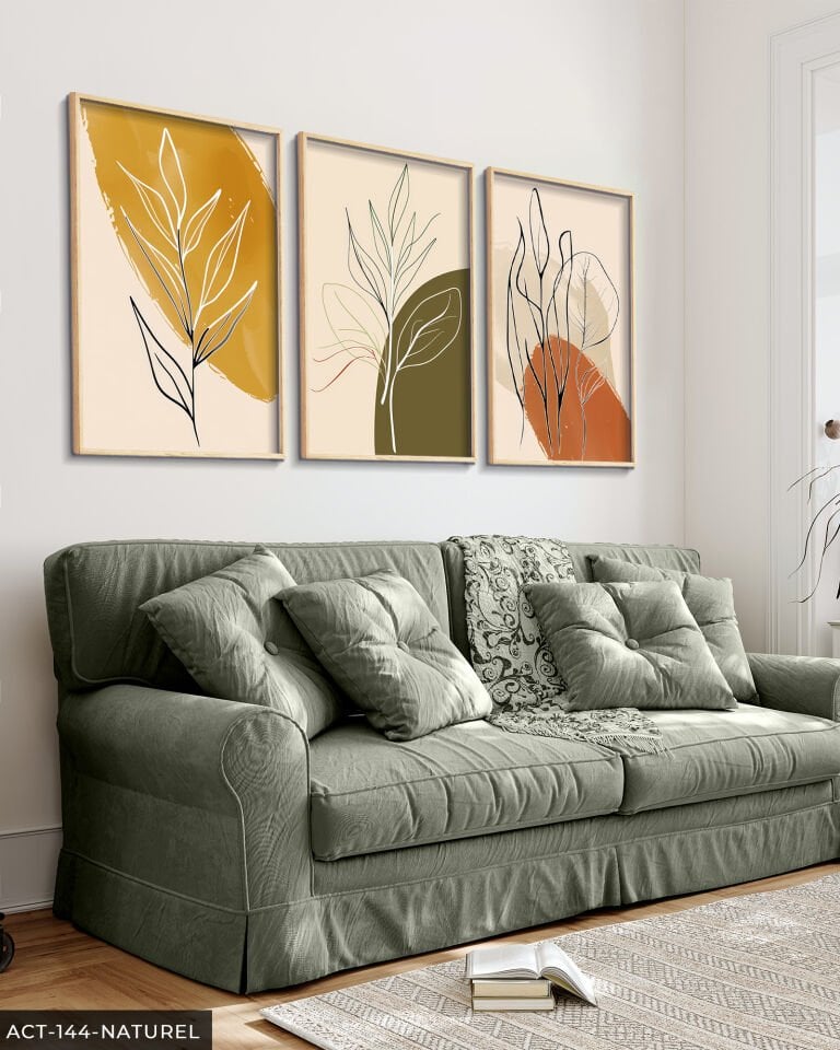 Minimalist Botanik Sanat 3 Parça Ahşap Çerçeveli Tablo ACT Naturel - 50 x 70 CM