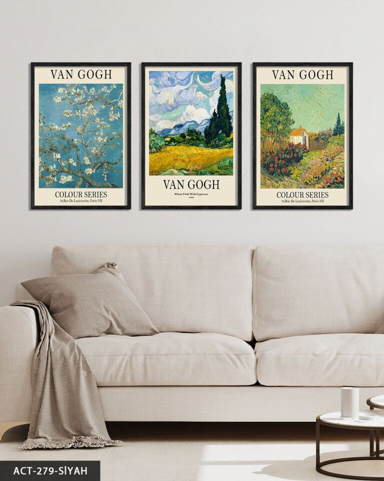 Vincent Van Gogh Temalı 3 Parça Ahşap Çerçeveli Tablo ACT Siyah - 30 x 40 CM