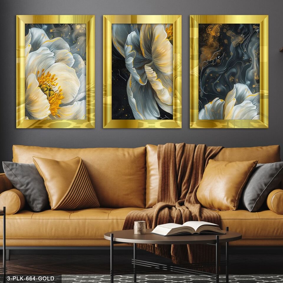 Gold Detay Çiçek 3 Parça Pleksi Aynalı Tablo 30 x 40 CM - Gold