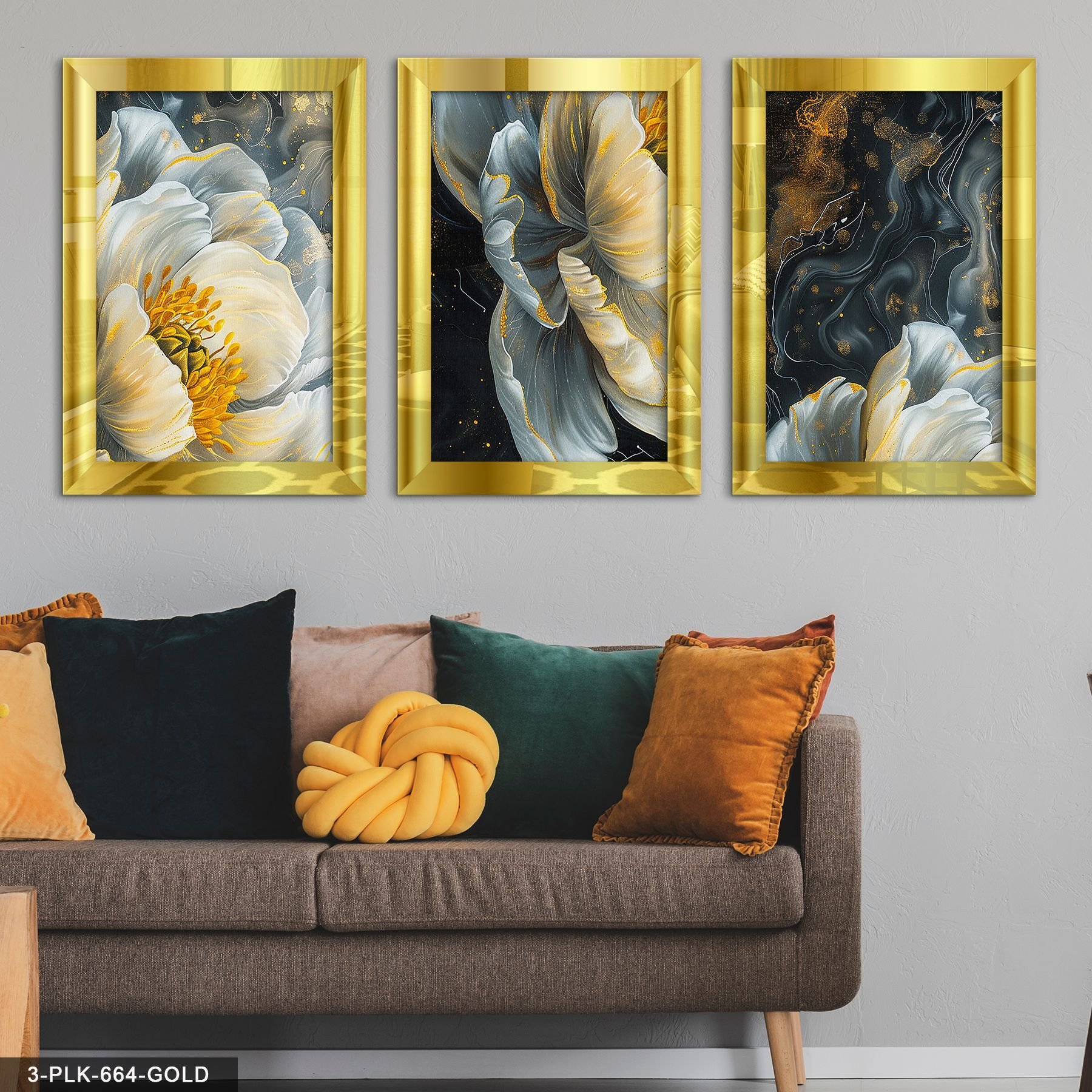 Gold Detay Çiçek 3 Parça Pleksi Aynalı Tablo 30 x 40 CM - Gold