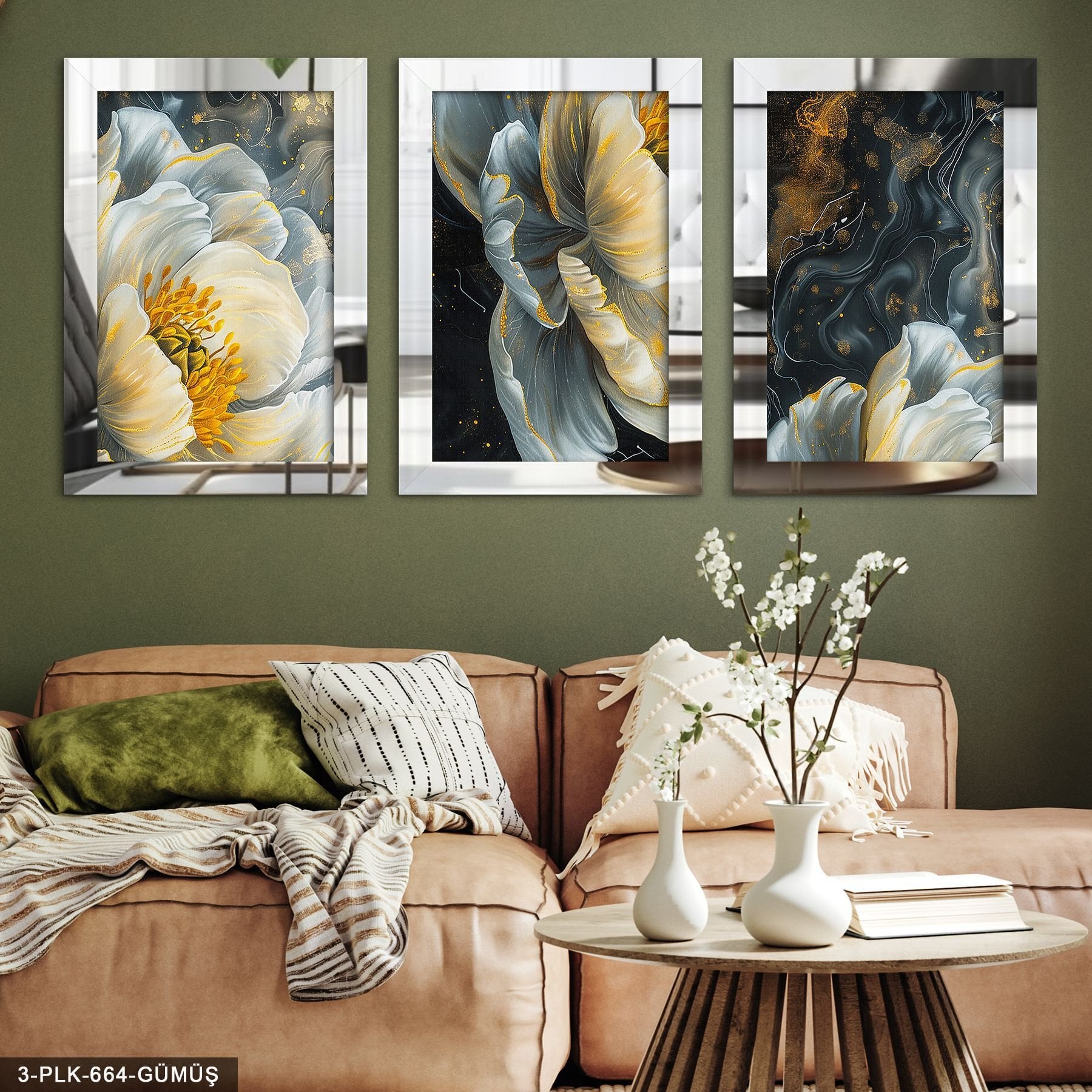 Gold Detay Çiçek 3 Parça Pleksi Aynalı Tablo 30 x 40 CM - Gümüş