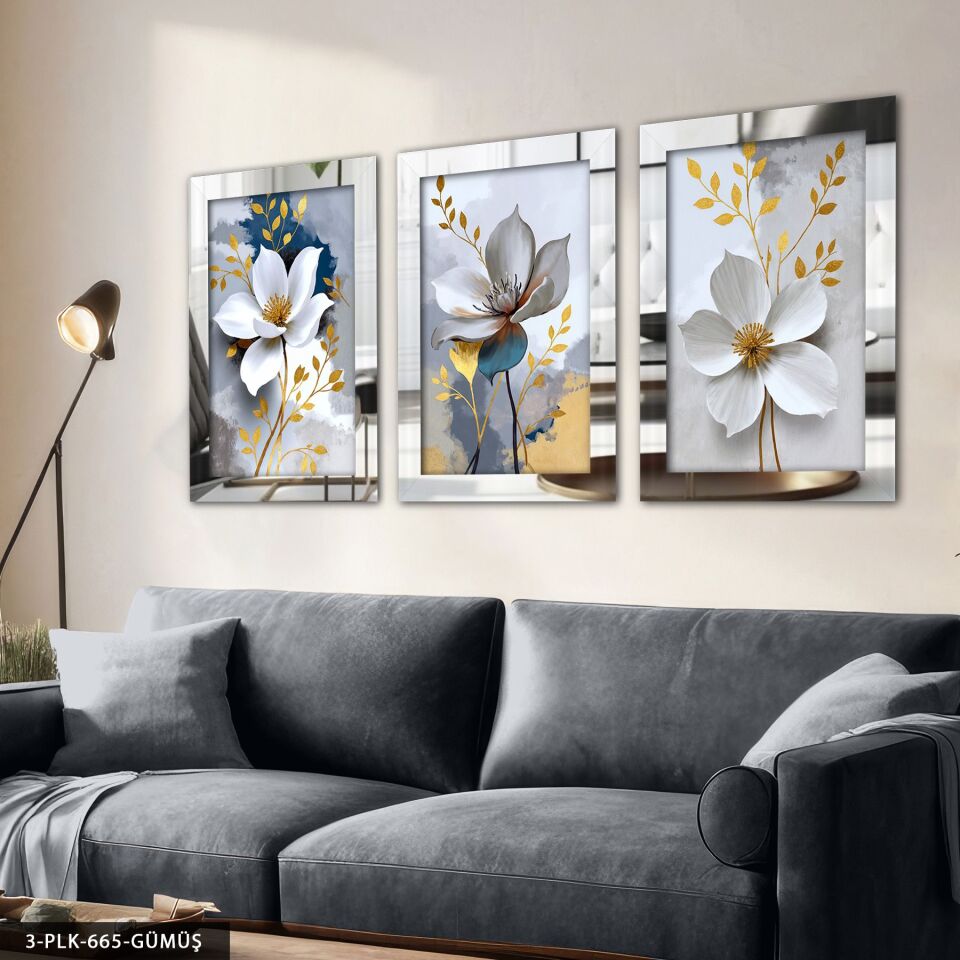 Gold Yapraklı Beyaz Çiçek 3 Parça Pleksi Aynalı Tablo 30 x 40 CM - Gümüş