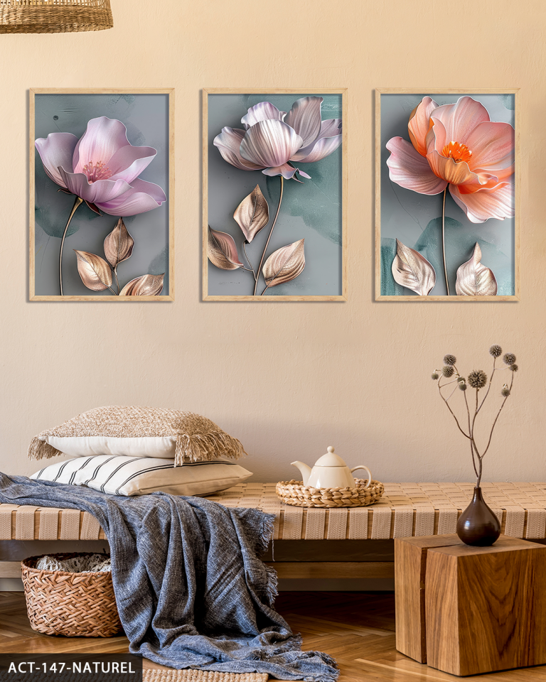 Gold Yapraklı Pembe ve Turuncu Çiçekler 3 Parça Ahşap Çerçeveli Tablo ACT Naturel - 50 x 70 CM