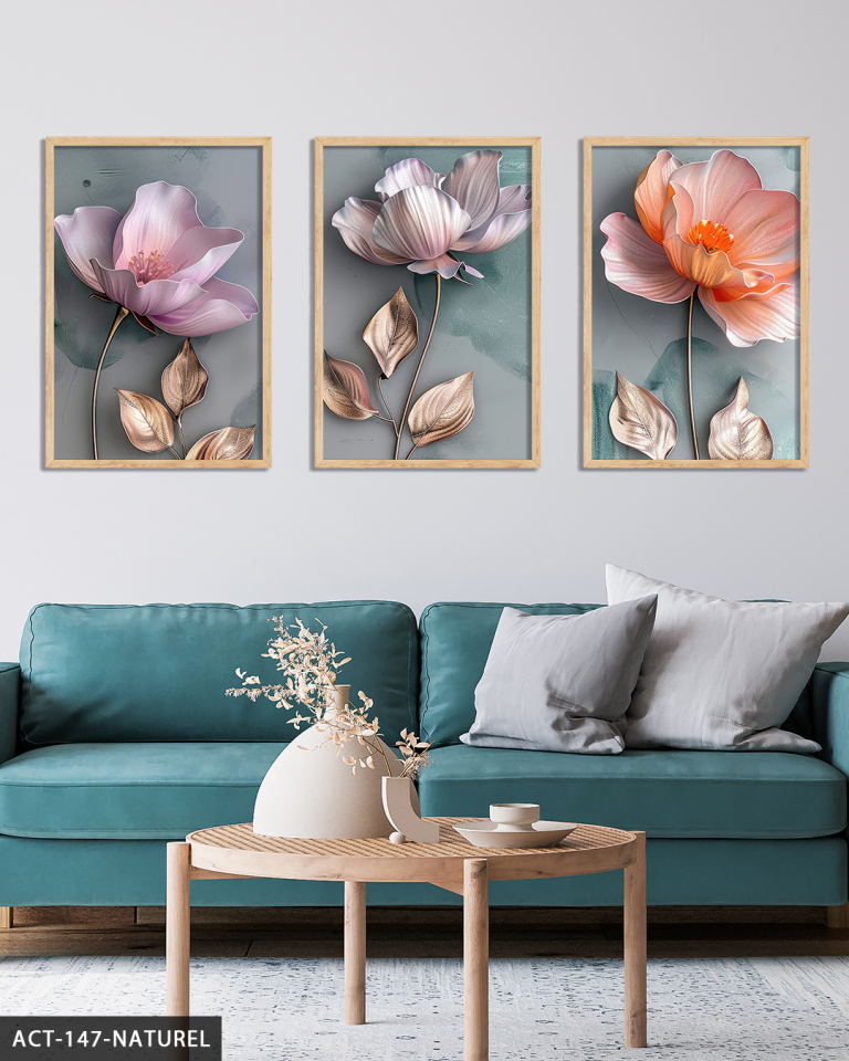 Gold Yapraklı Pembe ve Turuncu Çiçekler 3 Parça Ahşap Çerçeveli Tablo ACT Naturel - 50 x 70 CM