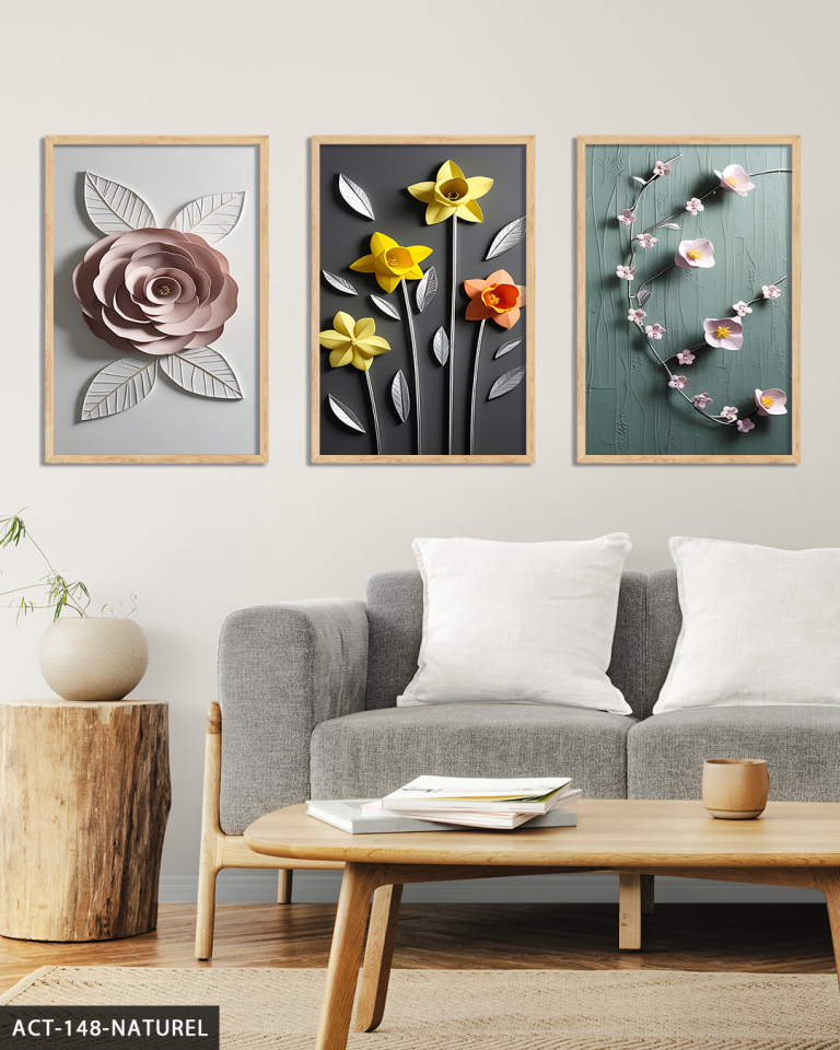 Zarif Sarı Çiçekler 3 Parça Ahşap Çerçeveli Tablo ACT Naturel - 50 x 70 CM
