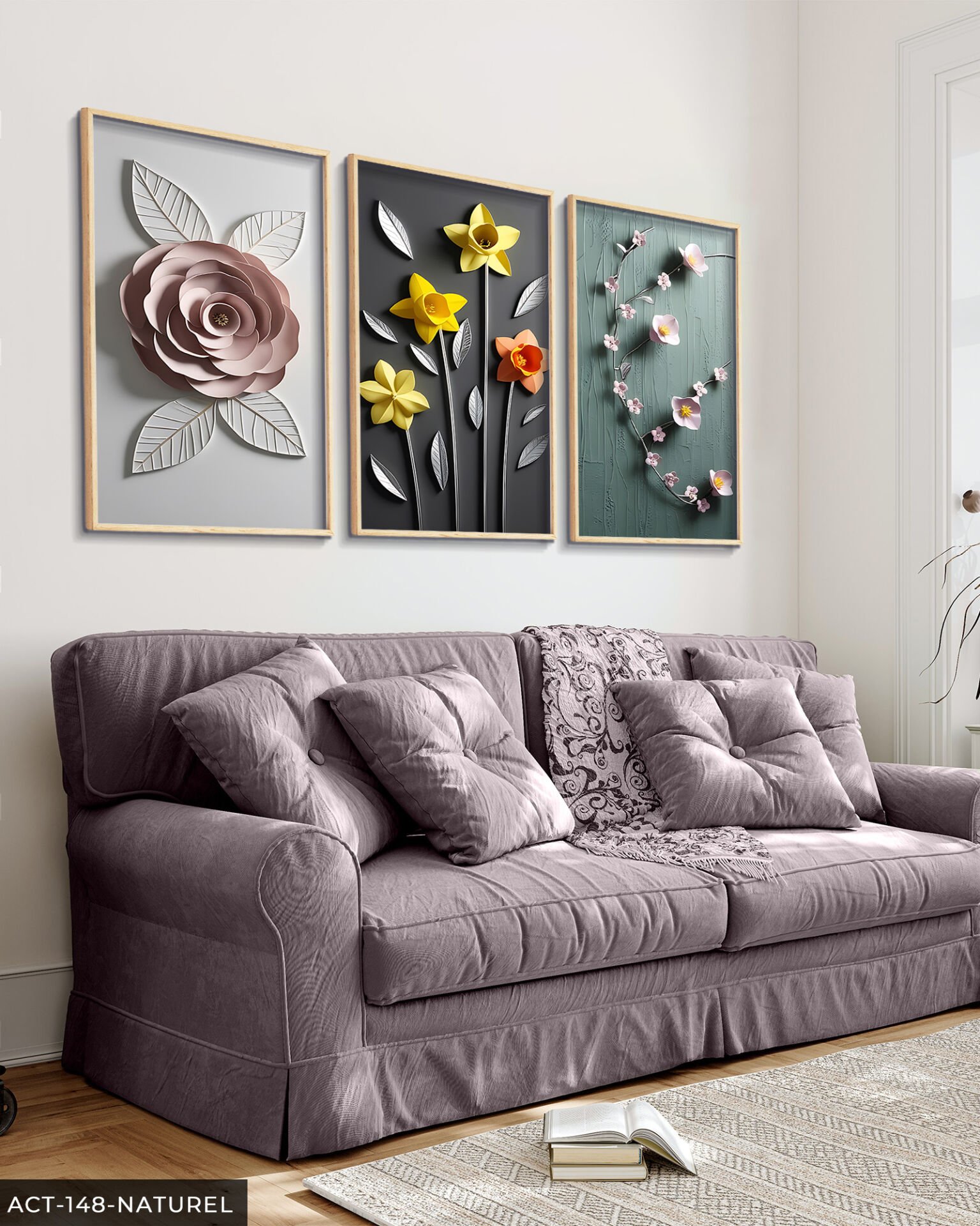 Zarif Sarı Çiçekler 3 Parça Ahşap Çerçeveli Tablo ACT Naturel - 50 x 70 CM