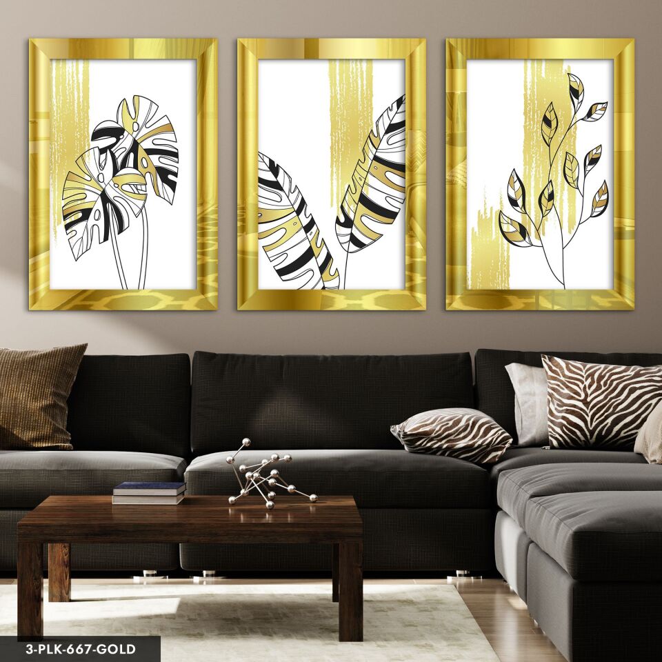 Gold Detaylı Minimalist Yaprak 3 Parça Pleksi Aynalı Tablo 30 x 40 CM - Gold