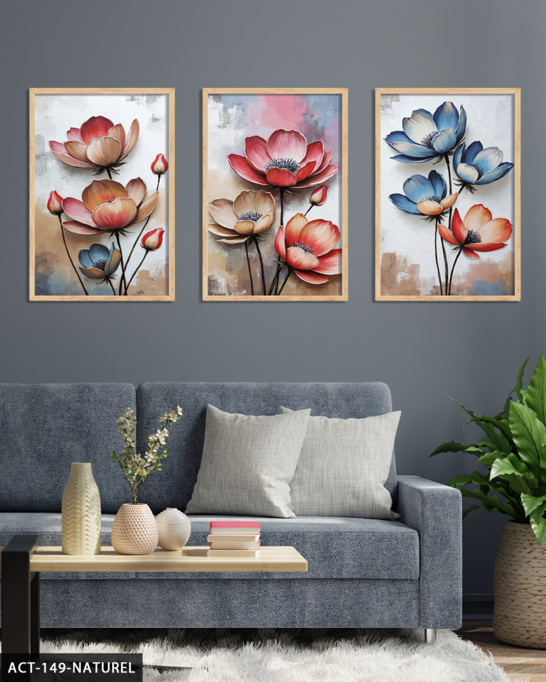Kırmızı ve mavi Çiçekler 3 Parça Ahşap Çerçeveli Tablo ACT Naturel - 50 x 70 CM