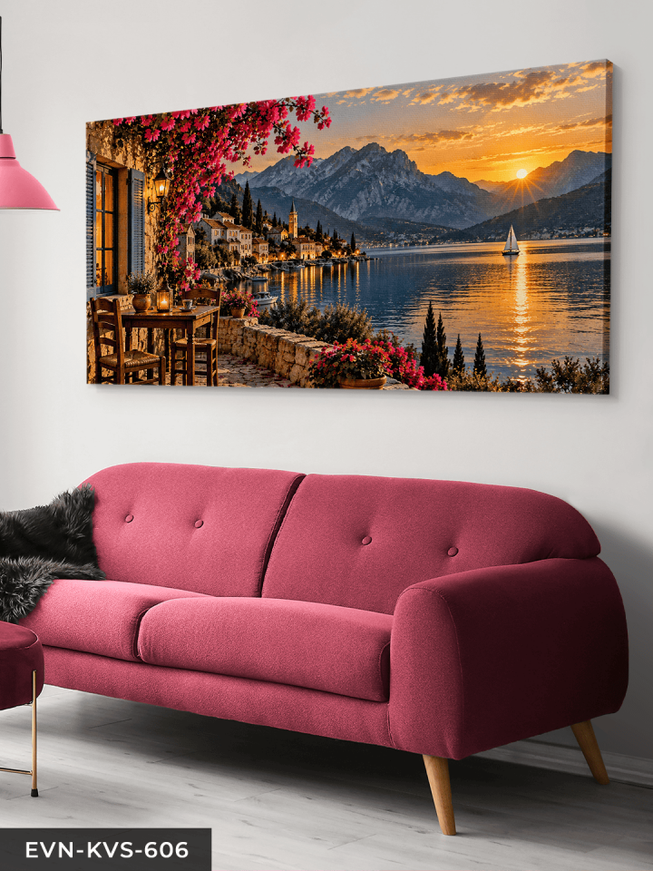 Pembe Çiçekli Günbatımı Tek Parça Kanvas - Canvas Tablo