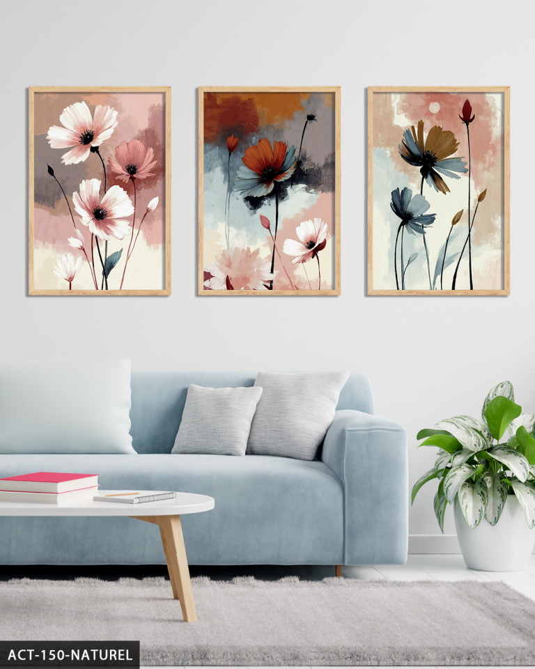 Renkli Zeminde Zarif Çiçekler 3 Parça Ahşap Çerçeveli Tablo ACT Naturel - 50 x 70 CM