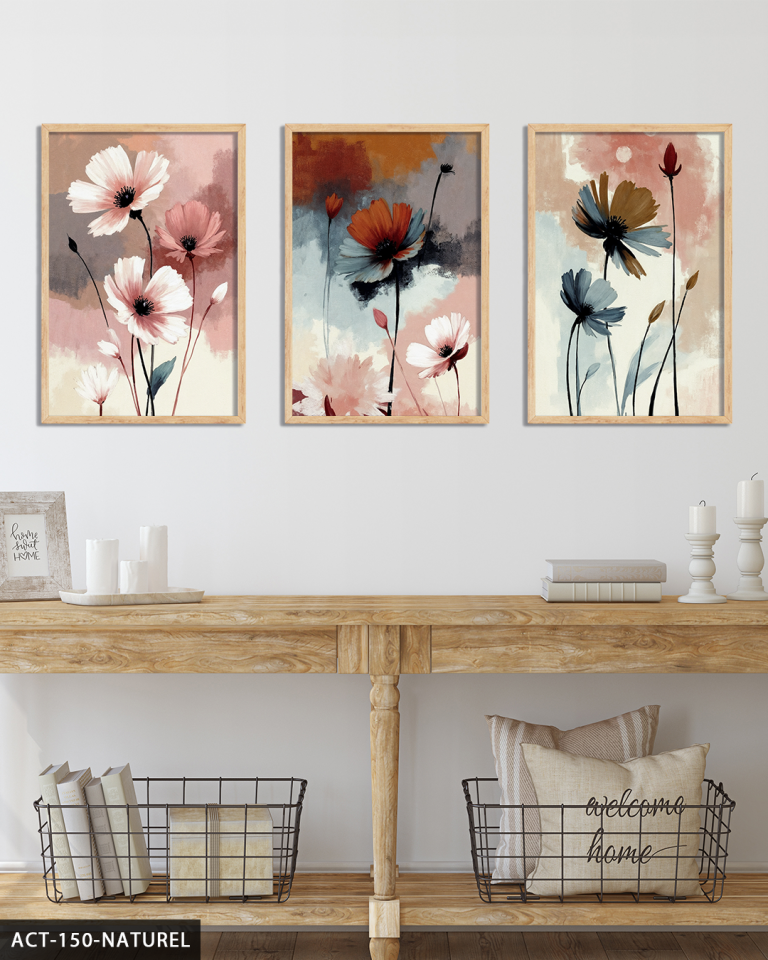 Renkli Zeminde Zarif Çiçekler 3 Parça Ahşap Çerçeveli Tablo ACT Naturel - 50 x 70 CM