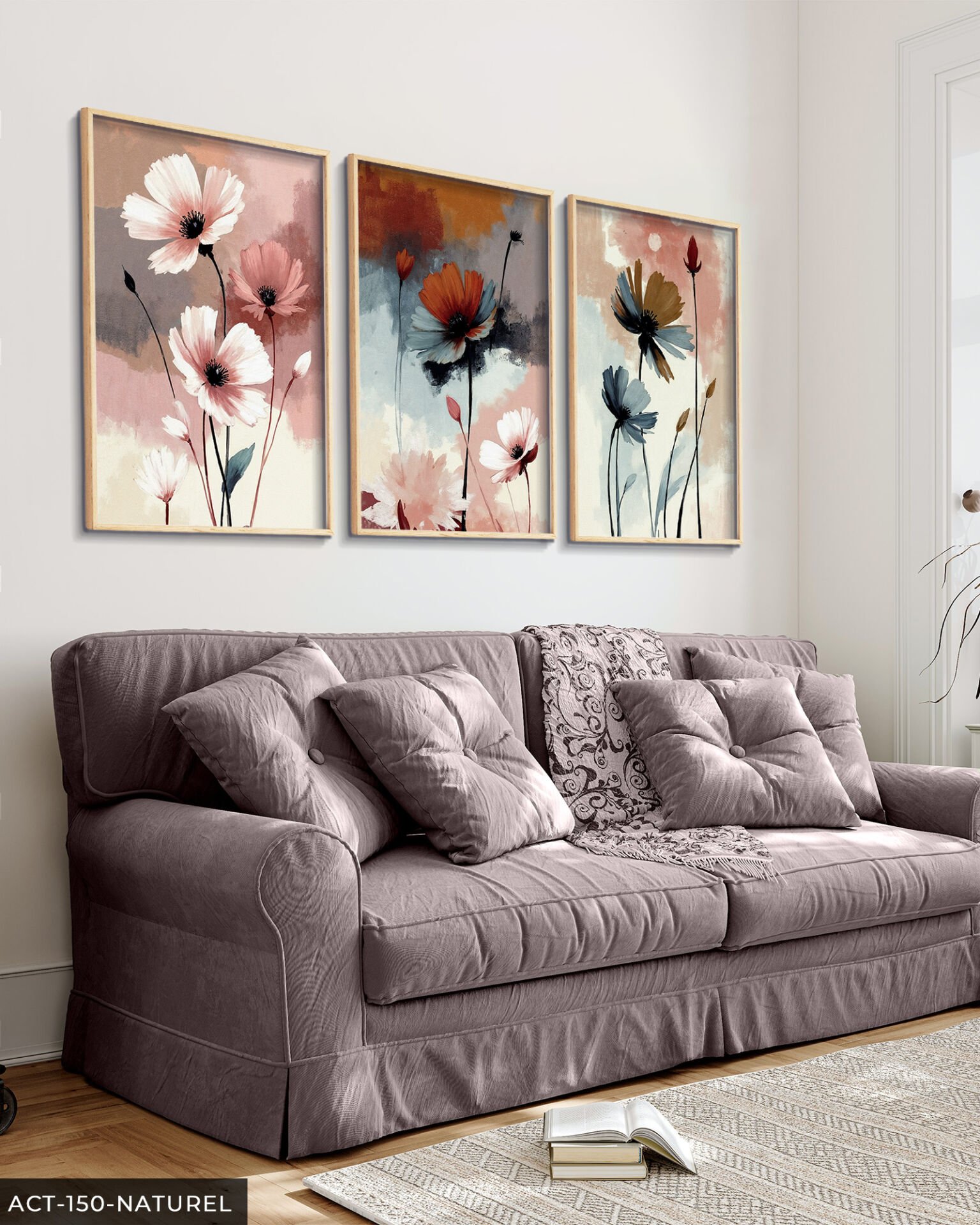 Renkli Zeminde Zarif Çiçekler 3 Parça Ahşap Çerçeveli Tablo ACT Naturel - 50 x 70 CM