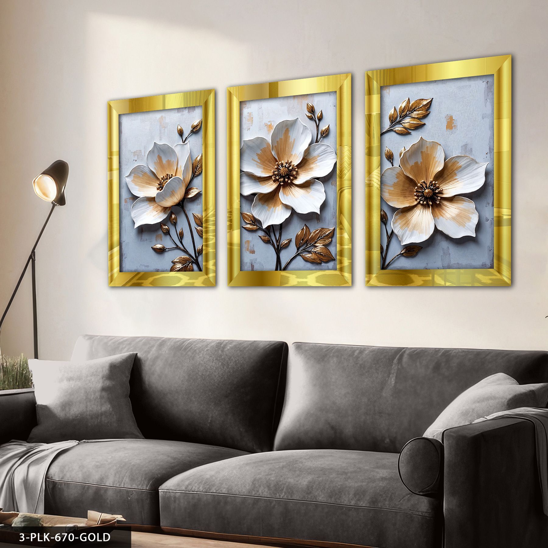 Dokulu Görünüm Beyaz Çiçek 3 Parça Pleksi Aynalı Tablo 30 x 40 CM - Gold