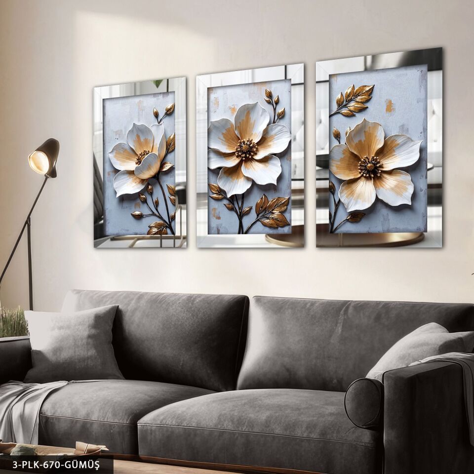 Dokulu Görünüm Beyaz Çiçek 3 Parça Pleksi Aynalı Tablo 30 x 40 CM - Gümüş