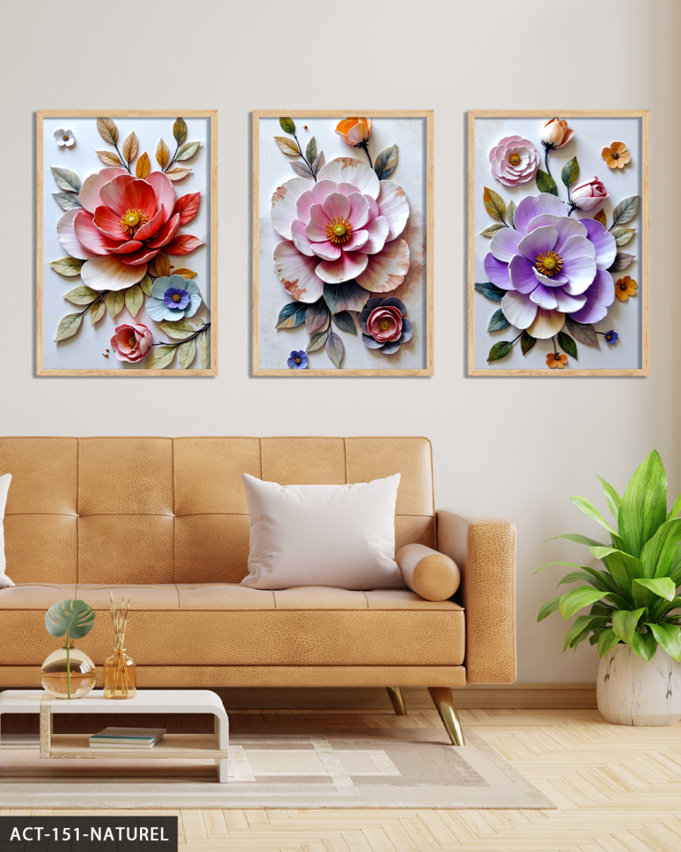 Renkli Çiçekler 3 Parça Ahşap Çerçeveli Tablo ACT Naturel - 50 x 70 CM