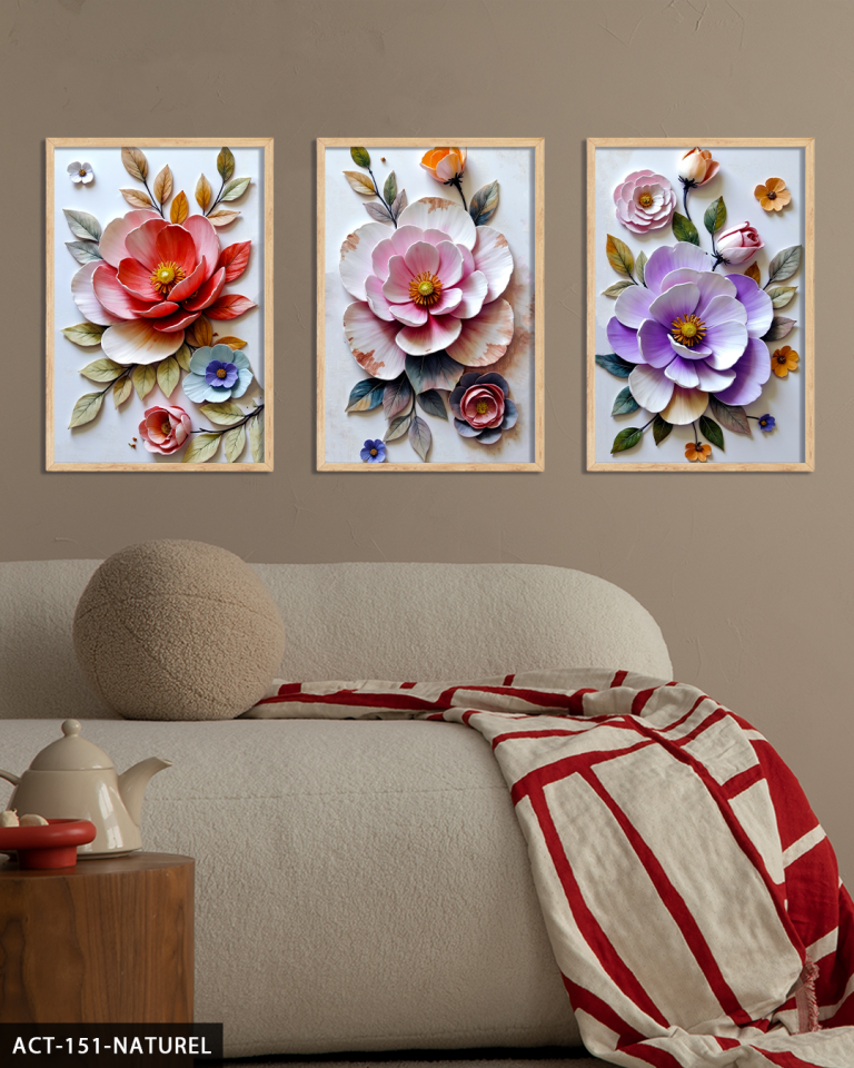 Renkli Çiçekler 3 Parça Ahşap Çerçeveli Tablo ACT Naturel - 50 x 70 CM