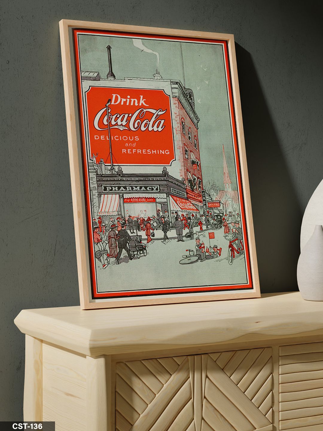 Kırmızı Coca-Cola Fabrikası Tek Parça Ahşap Çerçeveli Tablo Naturel - 50 x 70 CM