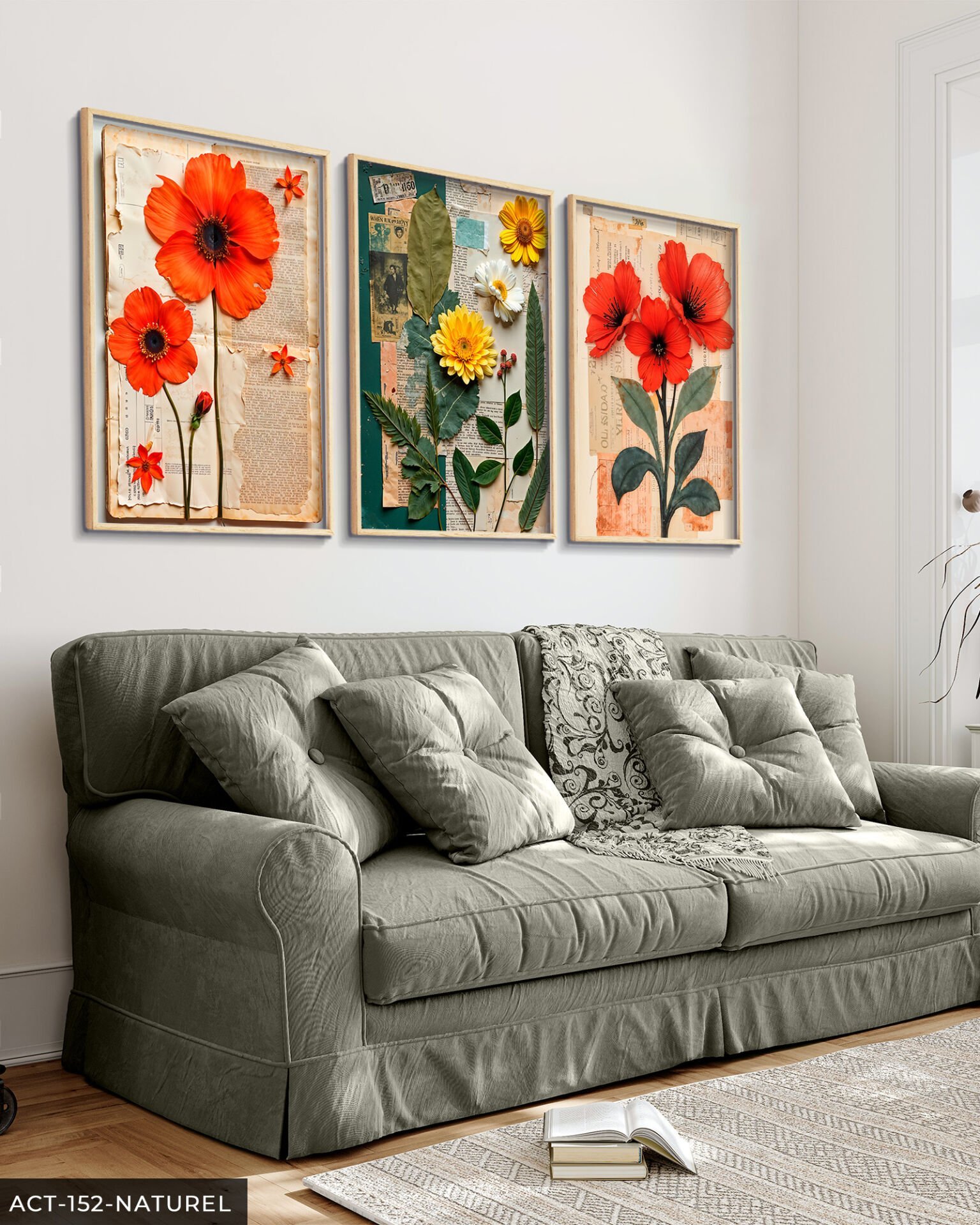 Yeşil Yapraklı Kırmızı ve Sarı Çiçek 3 Parça Ahşap Çerçeveli Tablo ACT Naturel - 50 x 70 CM