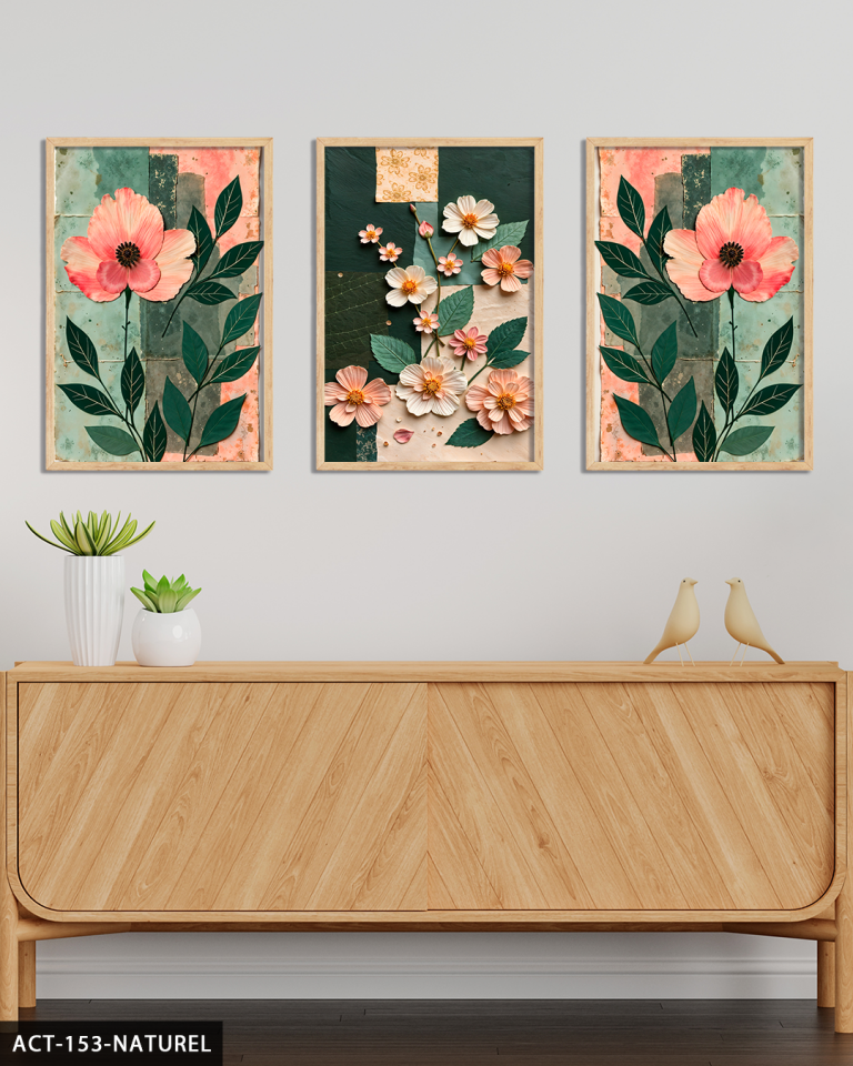 Renkli Zeminde Pembe Çiçekler 3 Parça Ahşap Çerçeveli Tablo ACT Naturel - 50 x 70 CM