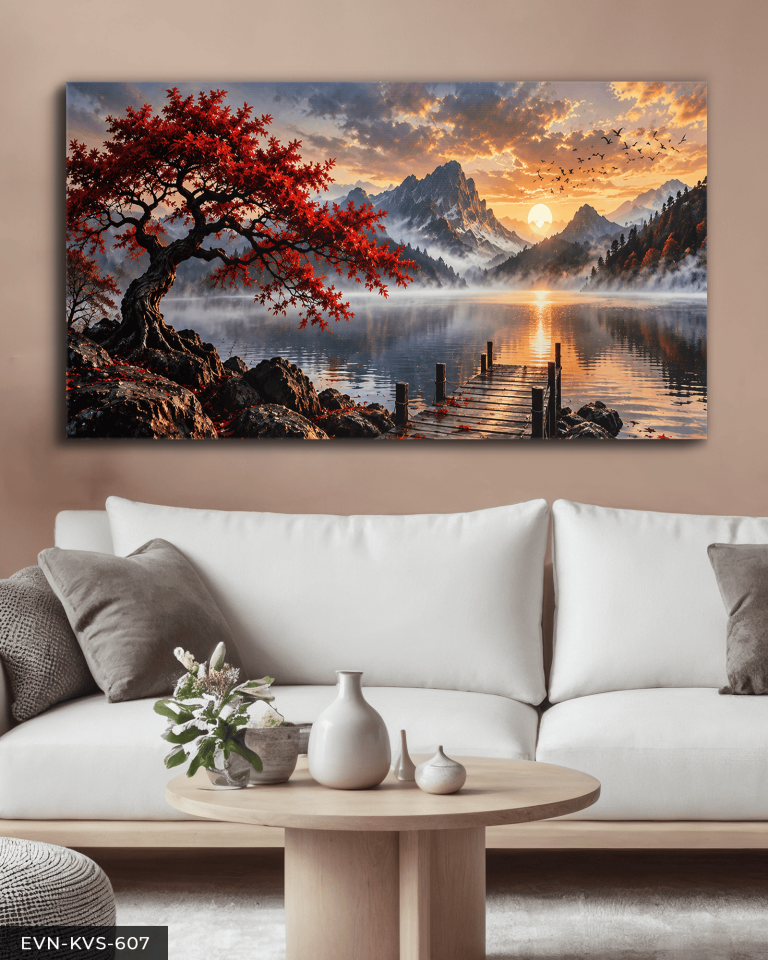 Göl Kenarında Kırmızı Ağaç ve Gün Batımı Tek Parça Kanvas - Canvas Tablo